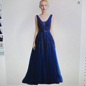Navy Double V Tulle Long Gown